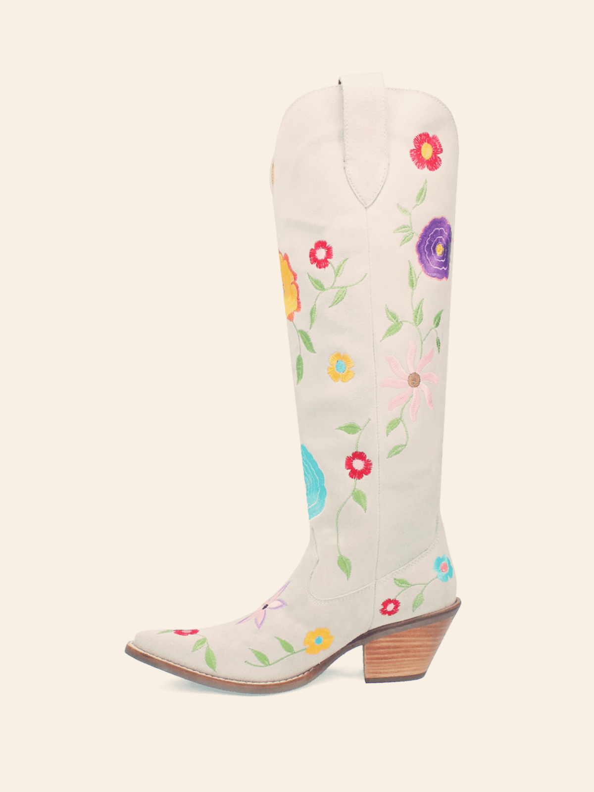 White Flower Embroidery Faux Suede Wide Mid Calf Tall Cowgirl Western Boots