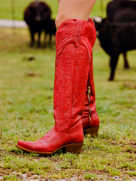 Eagle Embroidery Snip-Toe Half-Zip Over-The-Knee Tall Cowgirl Boots - Red