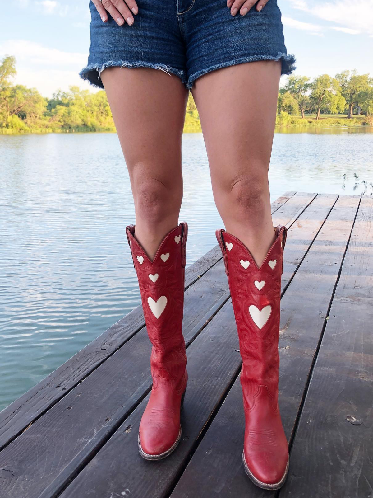 Ivory Heart Inlay Embroidery Almond-Toe Tall Wide Mid Calf Cowgirl Boots - Red