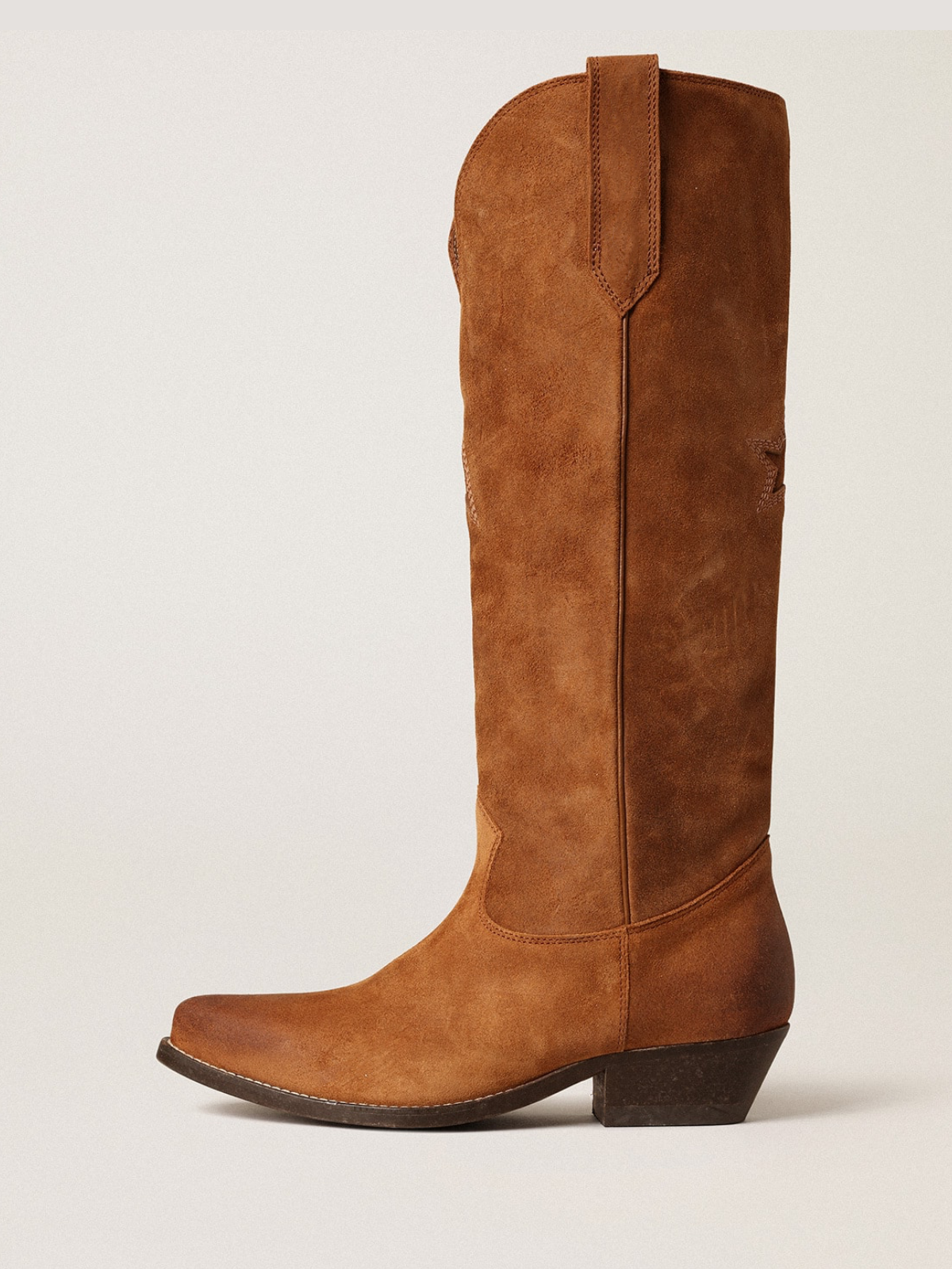 Cognac Faux Suede Snip-Toe Star Inlay Wide Calf Tall Knee High Cowgirl Boots