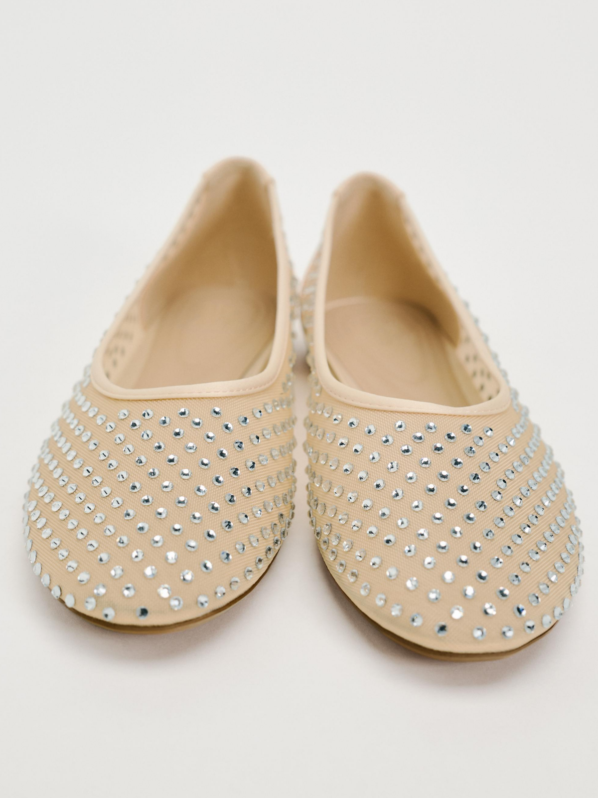 Beige Shiny Rhinestone Strass Semi-Transparent Mesh Ballet Flats