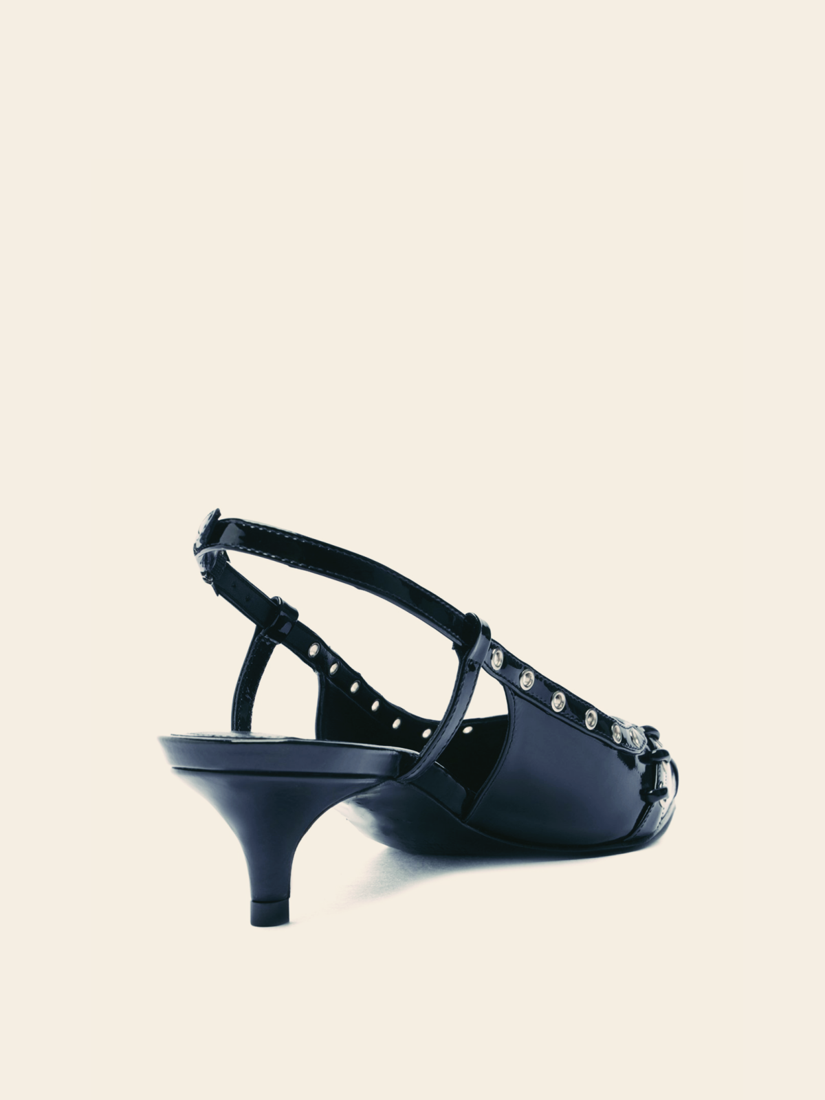 Black Patent Strappy Eyelet Pointy Kitten Heels Slingback Pumps