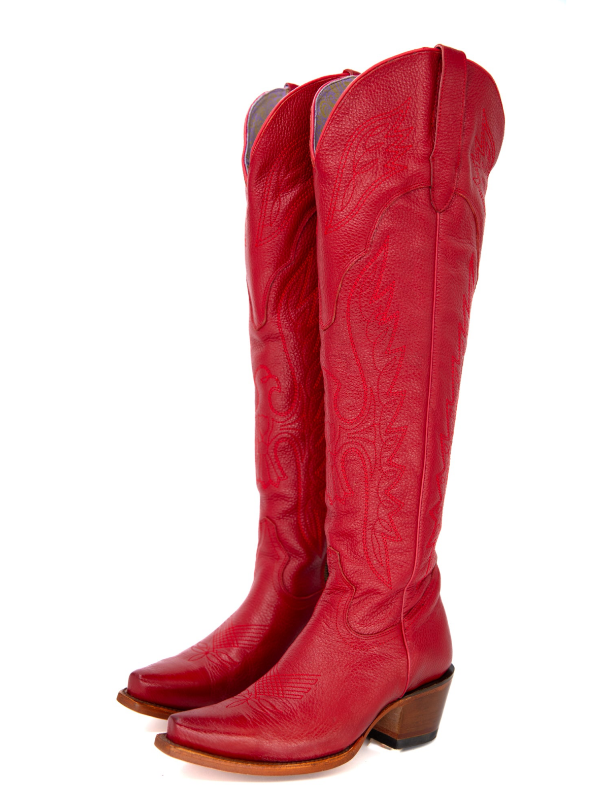 Eagle Embroidery Snip-Toe Half-Zip Over-The-Knee Tall Cowgirl Boots - Red