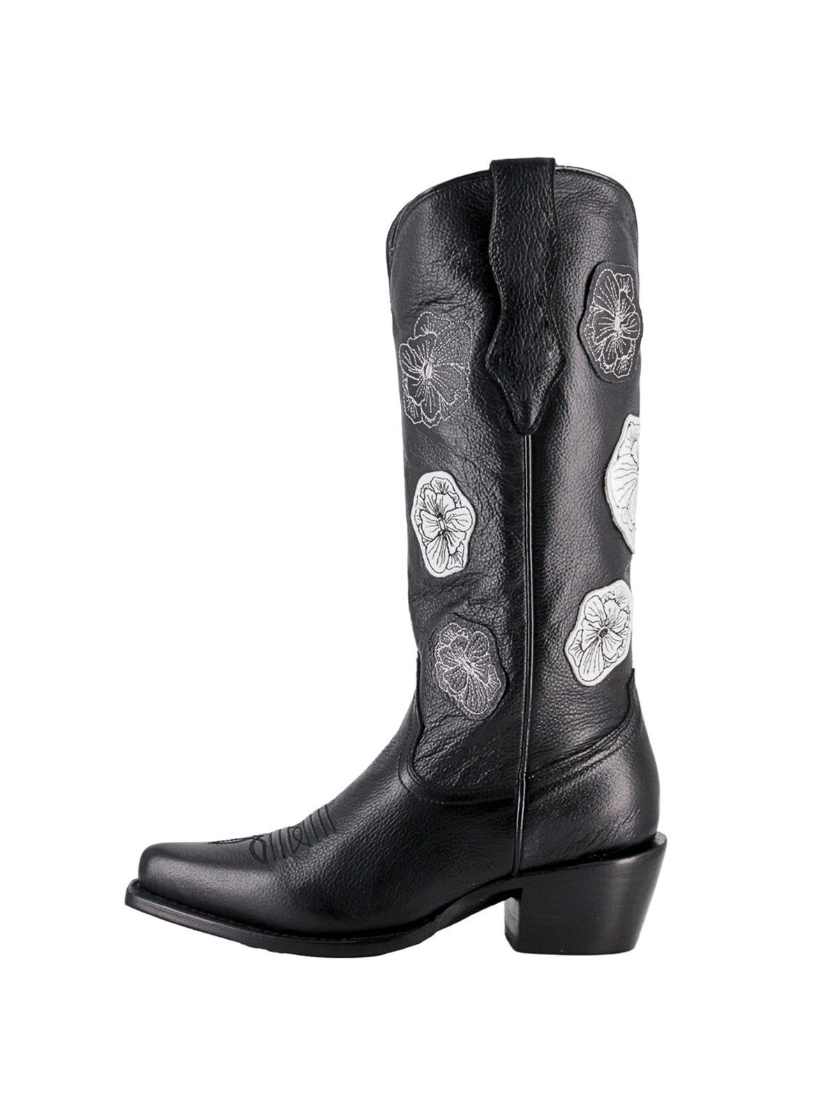 Black Snip-Toe Flowers Applique Chic Mid Calf Cowgirl Boots