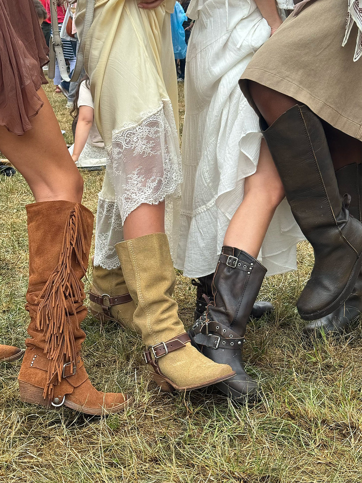 Tan Faux Suede Pointed-Toe Side Fringe Buckle Strap Over-The-Knee Cowgirl Boots
