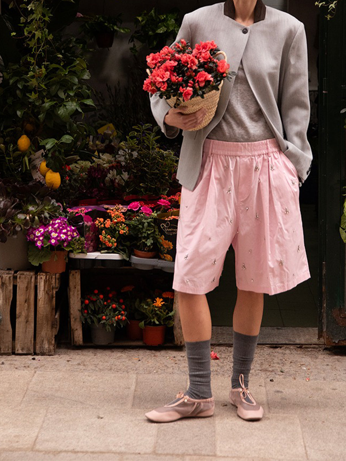 Blush Pink Mesh And Faux Suede Square-Toe Floral Embroidery Bridge Bow Strap Flats