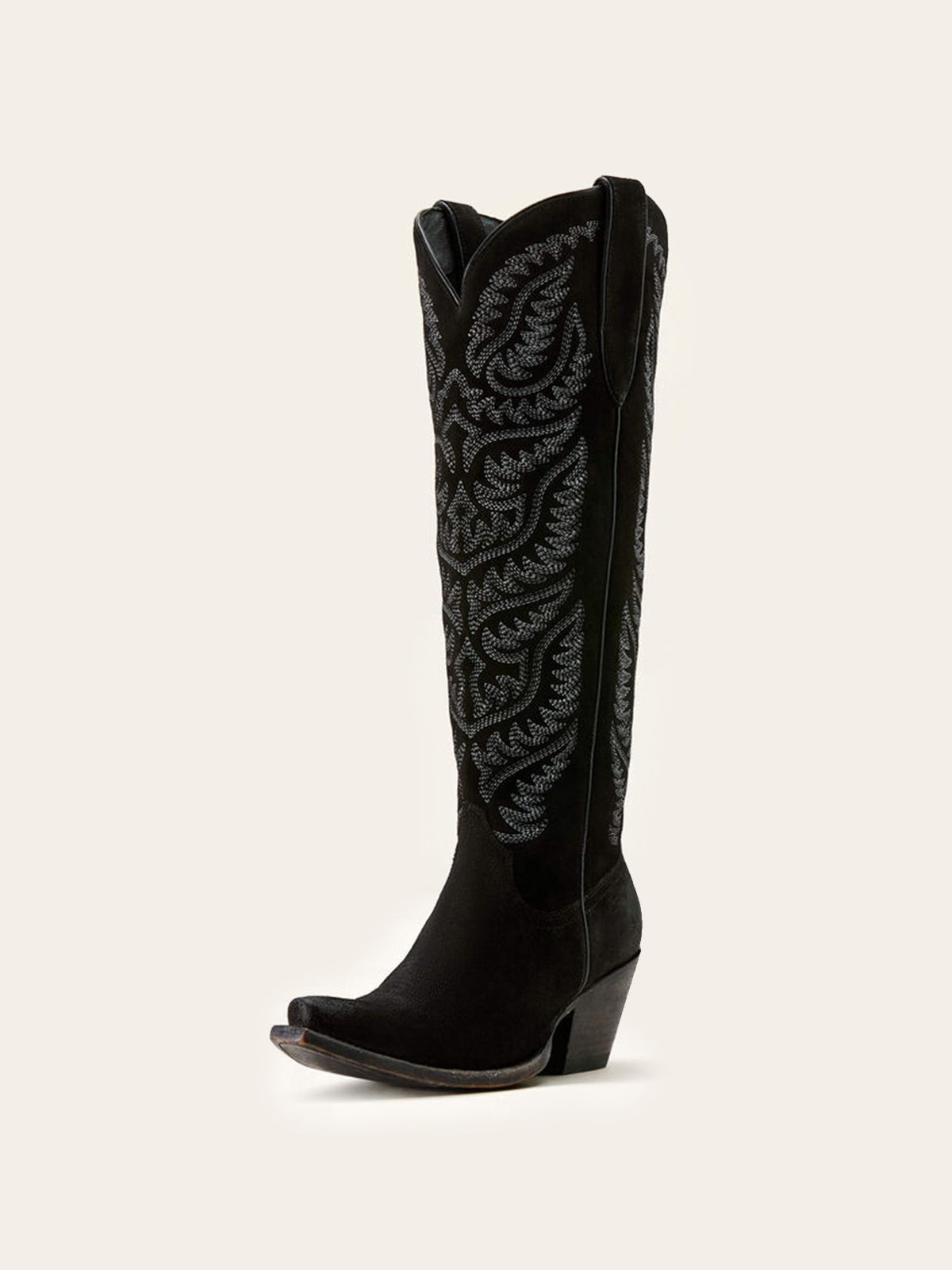 Embroidery Half-Zip Tall Knee High Faux Suede Snip-Toe Cowgirl Boots - Black
