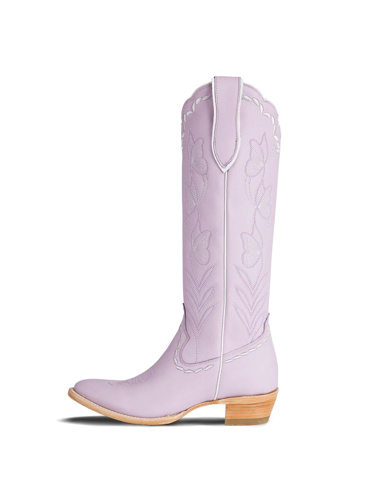 Almond-Toe Elegant Flowers Embroidery Knee High Half-Zip Cowgirl Boots - Lavender