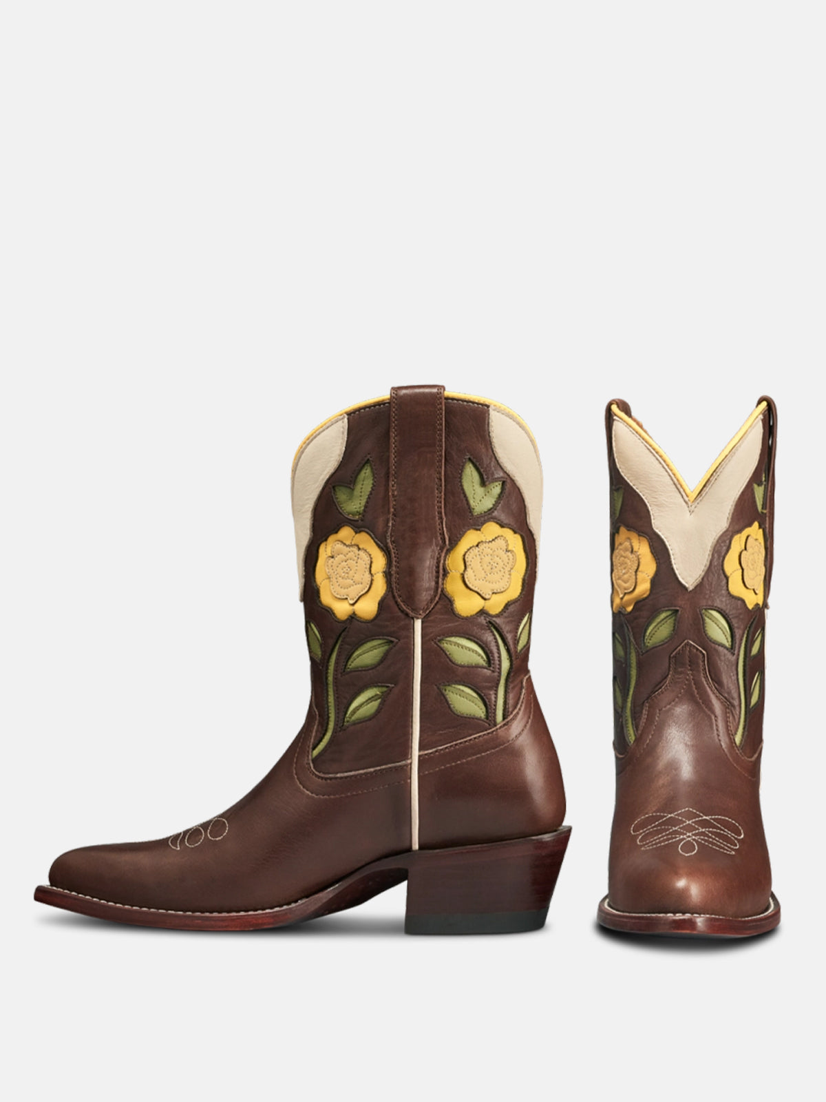 Dark Green Almond-Toe Yellow Flowers Inlay Chic Ankle Cowgirl Boots