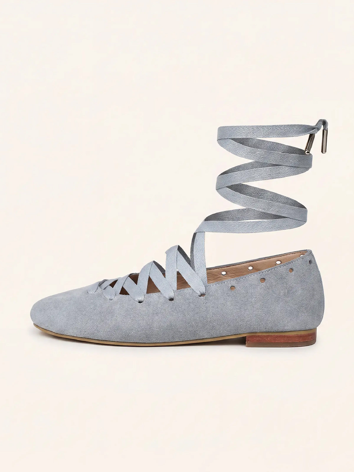 Gray Faux Suede Round-Toe Lace-Up Stylish Ballet Flats