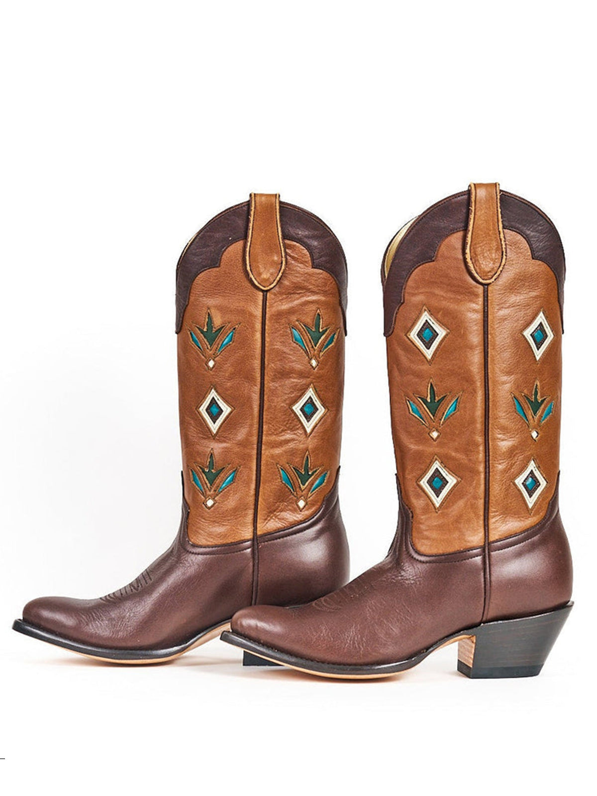 Contrast Brown And Chocolate Round-Toe Inlay Mid Calf Cowgirl Boots