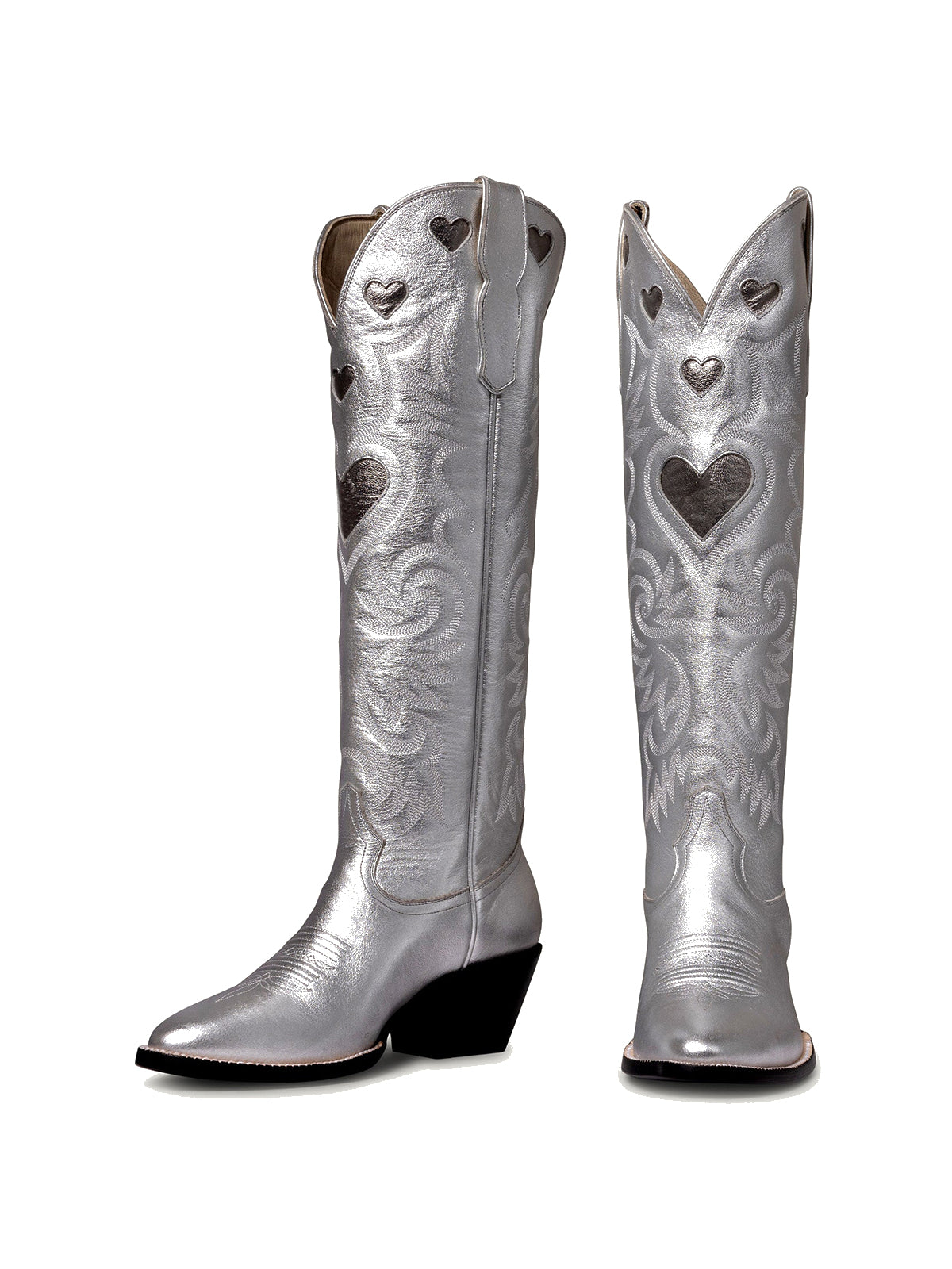 Metallic Silver Round-Toe Chic Hearts Inlay Wide Calf Knee High Cowgirl Boots