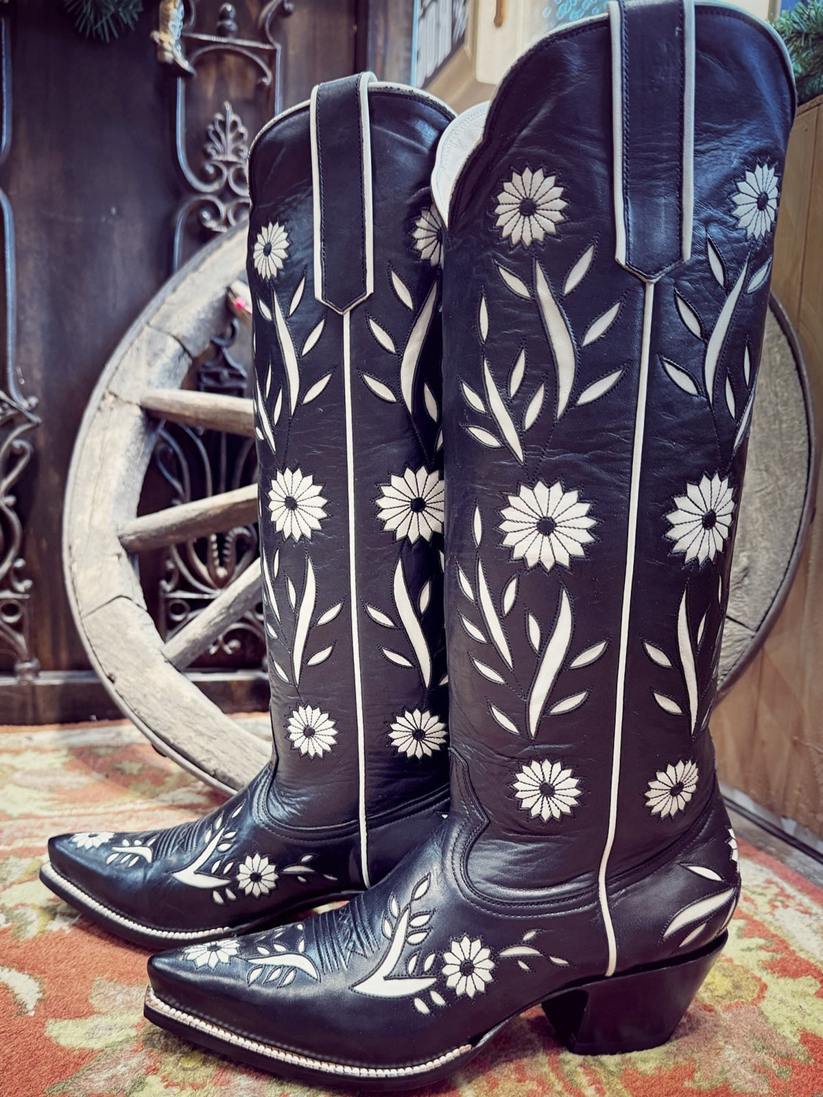 Black Pointed-Toe White Sunflower Inlay Wide Calf Knee High Cowgirl Boots