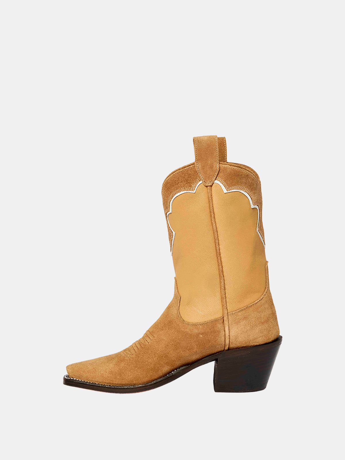 Tan Faux Suede And Vegan Leather Metallic Heart Star Inlay And Letter Inlay Mid Calf Cowgirl Boots