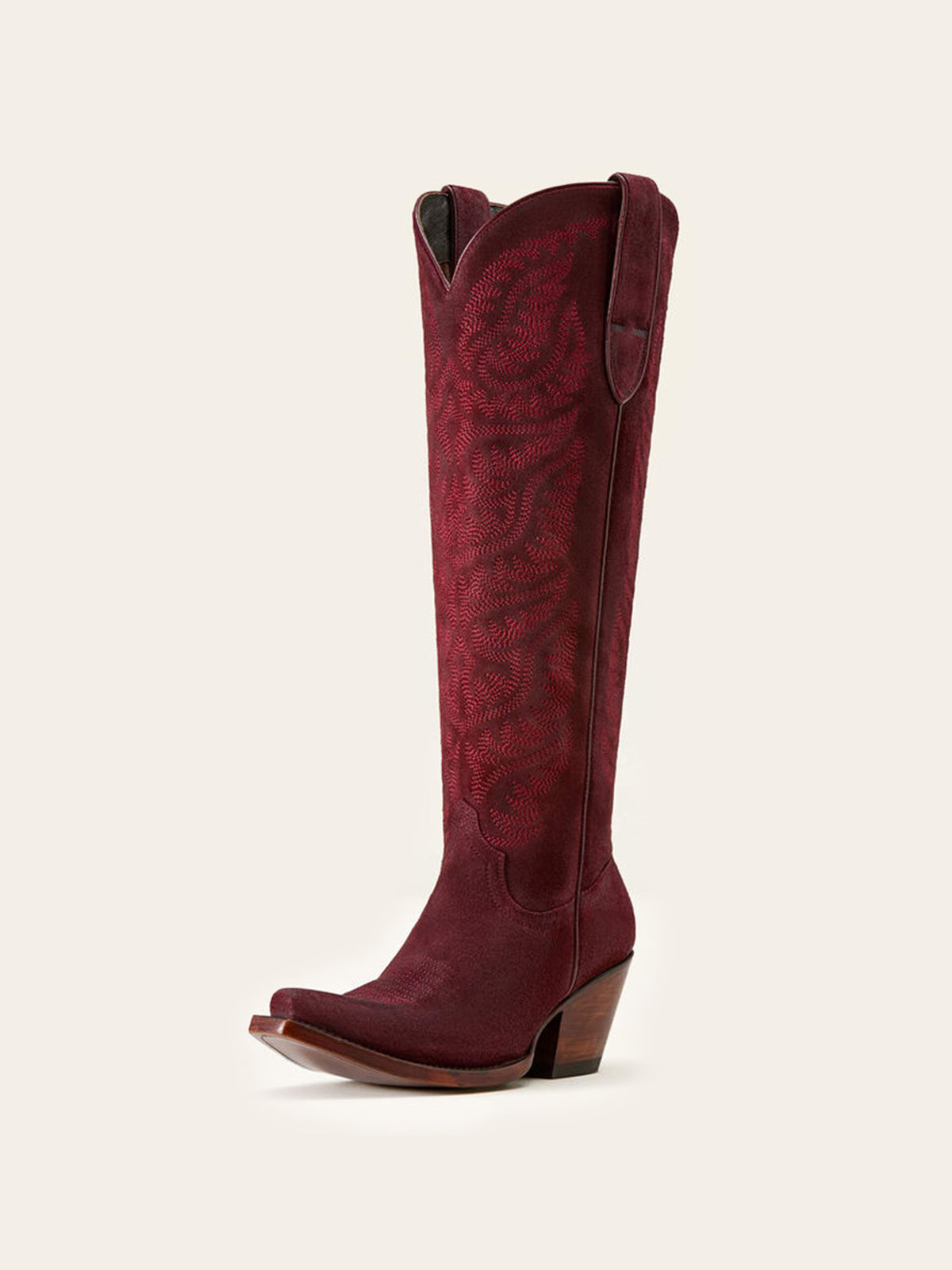 Embroidery Half-Zip Tall Knee High Faux Suede Snip-Toe Cowgirl Boots - Burgundy