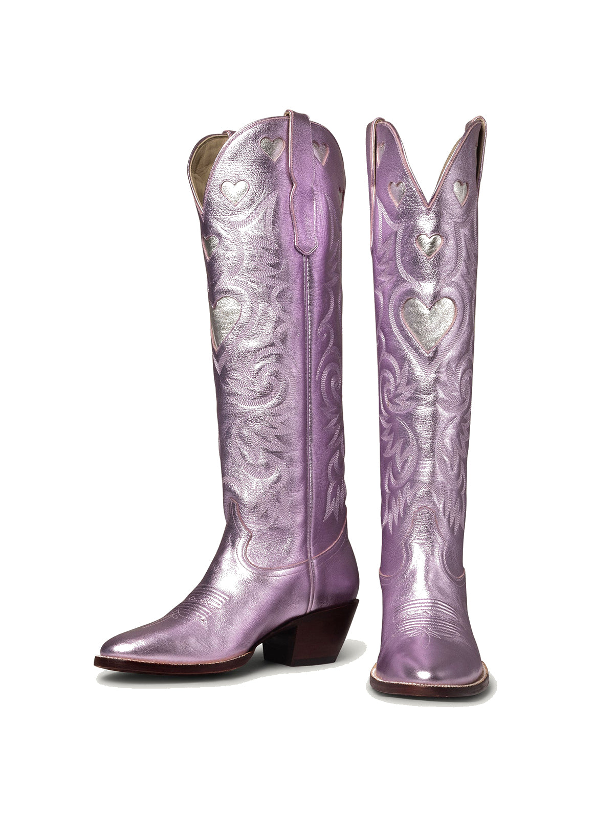 Metallic Pink Round-Toe Chic Hearts Inlay Wide Calf Knee High Cowgirl Boots