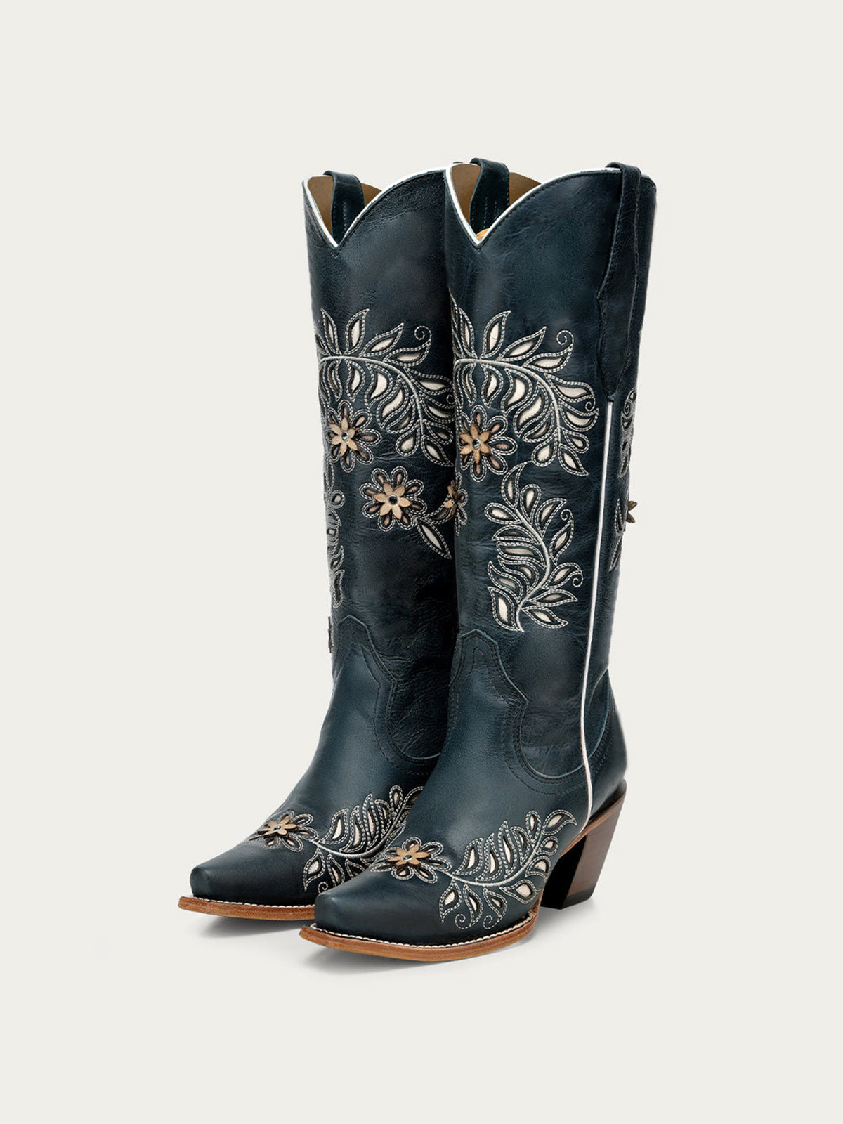 Navy Snip-Toe Leaves Flowers And Bird Inlay Half-Zip Knee High Cowgirl Boots