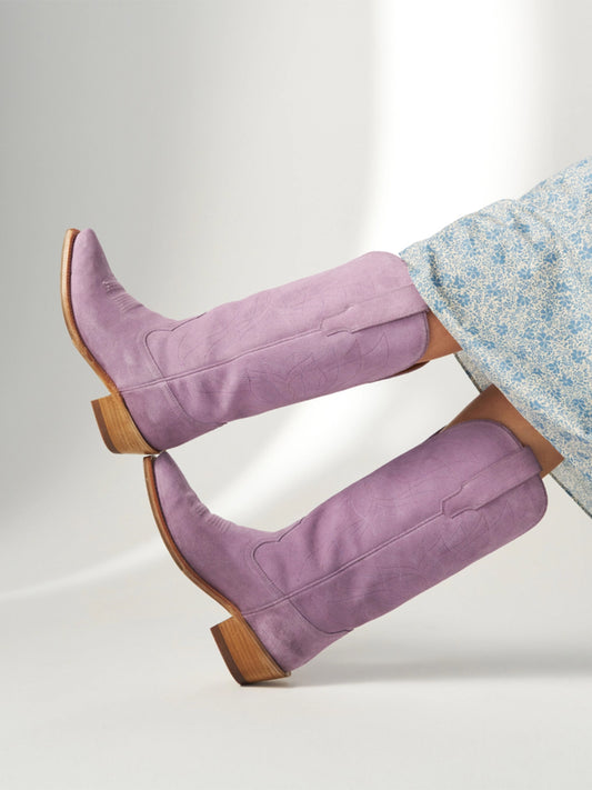 Lavender Faux Suede Snip-Toe Stitch Classic Wide Calf Knee High Cowgirl Boots