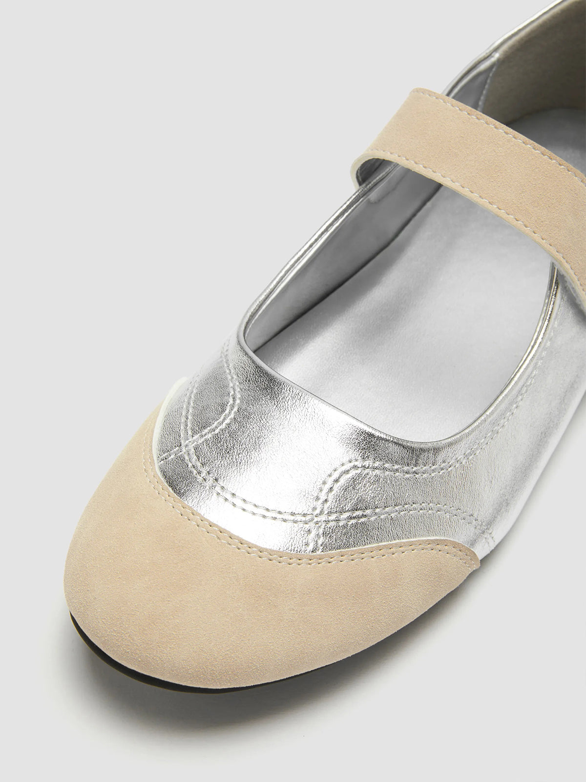 Beige And Silver Round-Toe Chic Mary Jane Classic Flats