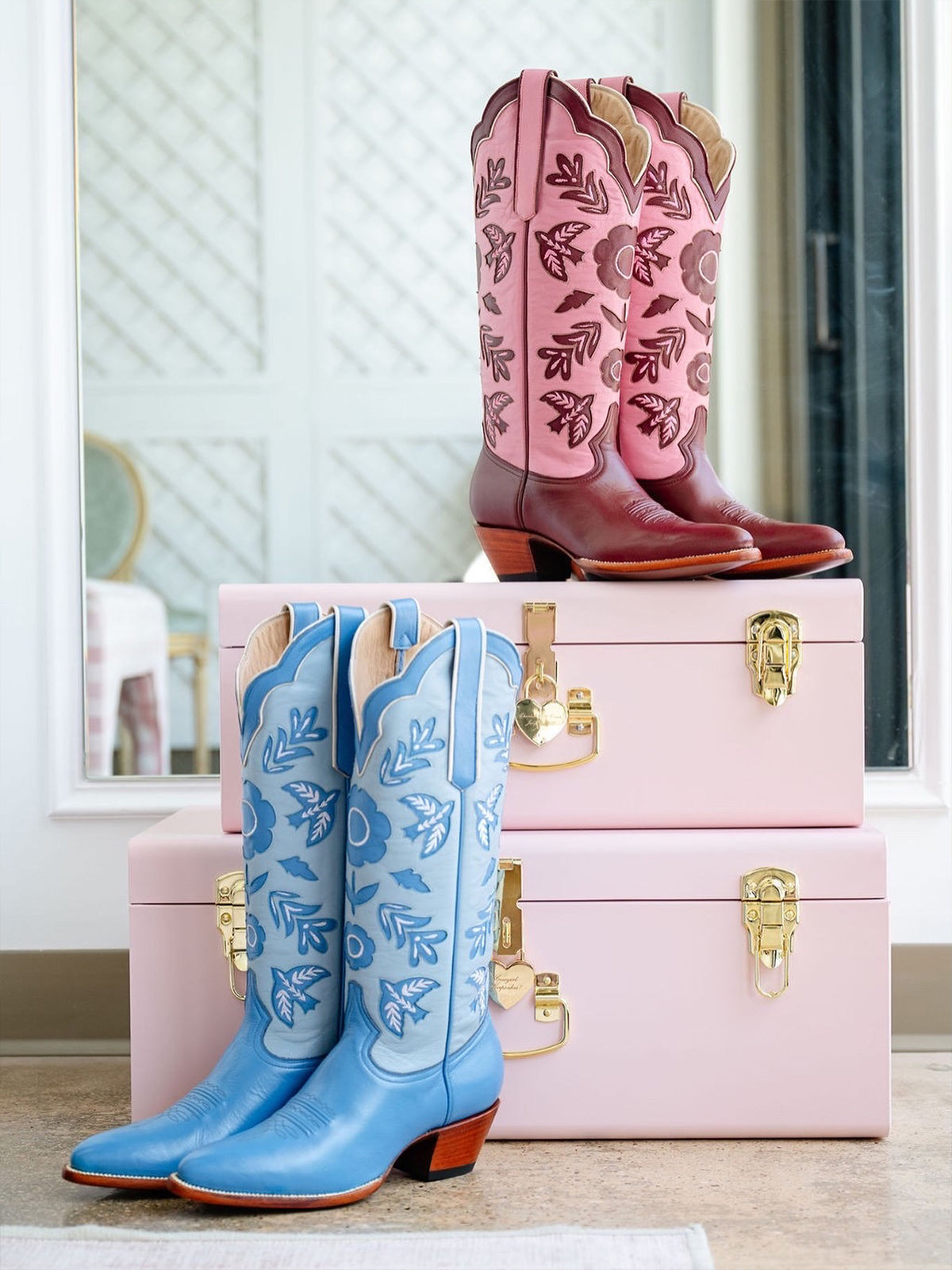 Blue Round-Toe Birds Leaves Flowers Inlay Wide Calf Knee High Cowgirl Boots