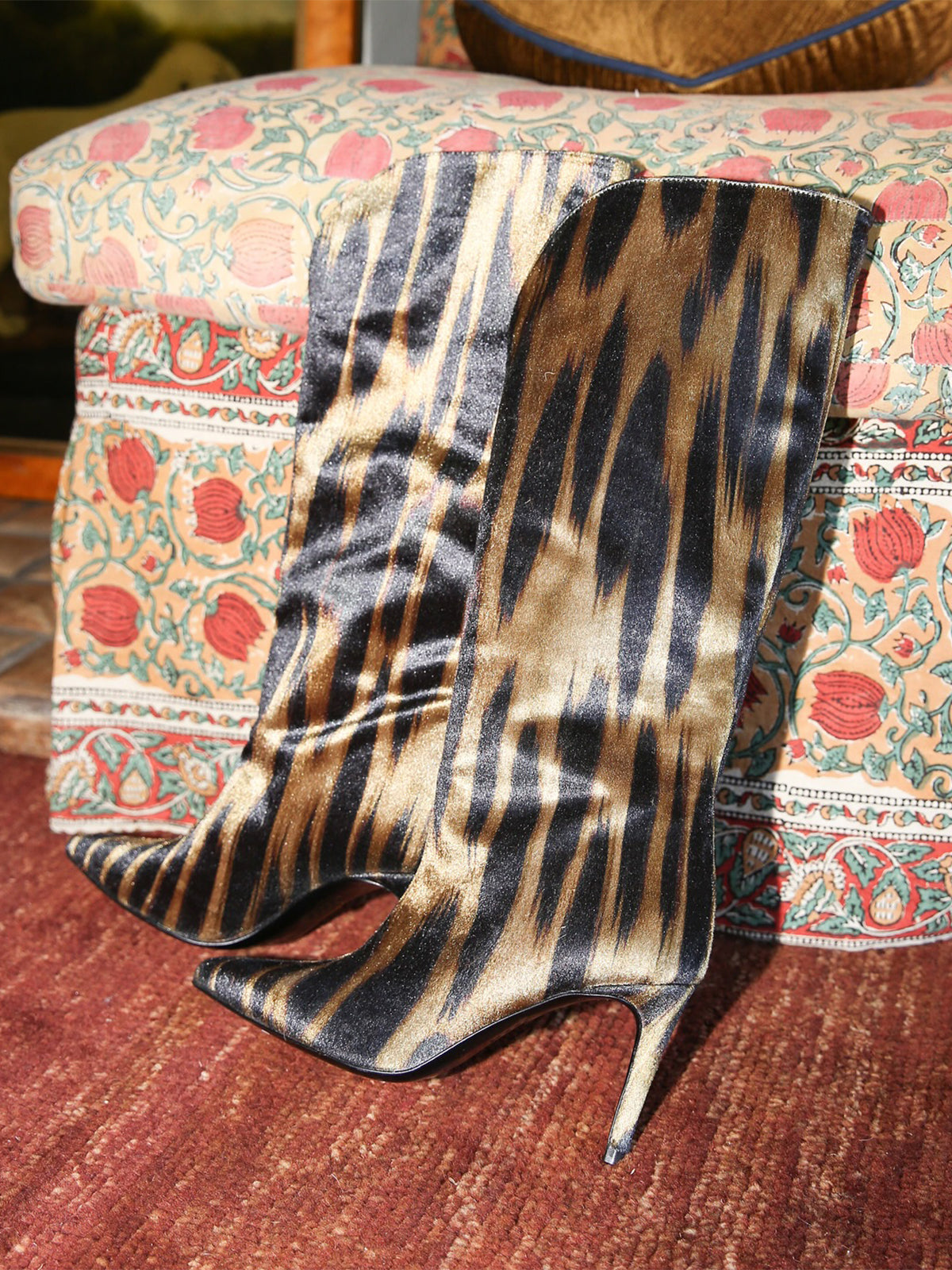 Tiger Print Lint Pointed-Toe Wide Calf Knee High Stiletto Boots
