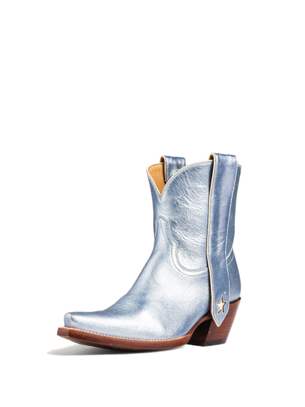 Metallic Blue Snip-Toe Long Ear Pull  With Heart Inlay Ankle Boots
