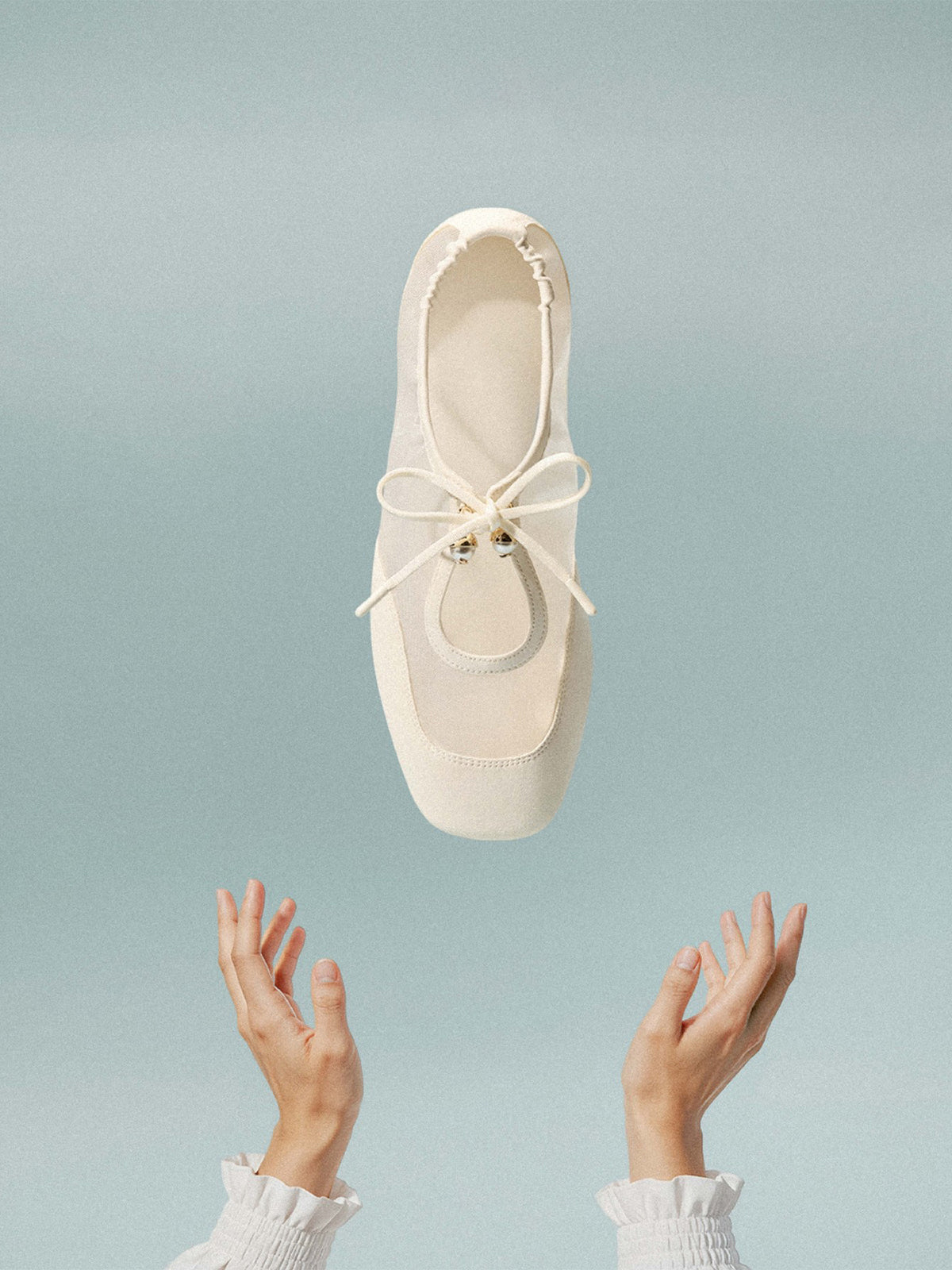 Ivory Mesh And Faux Suede Square-Toe Floral Embroidery Bridge Bow Strap Flats