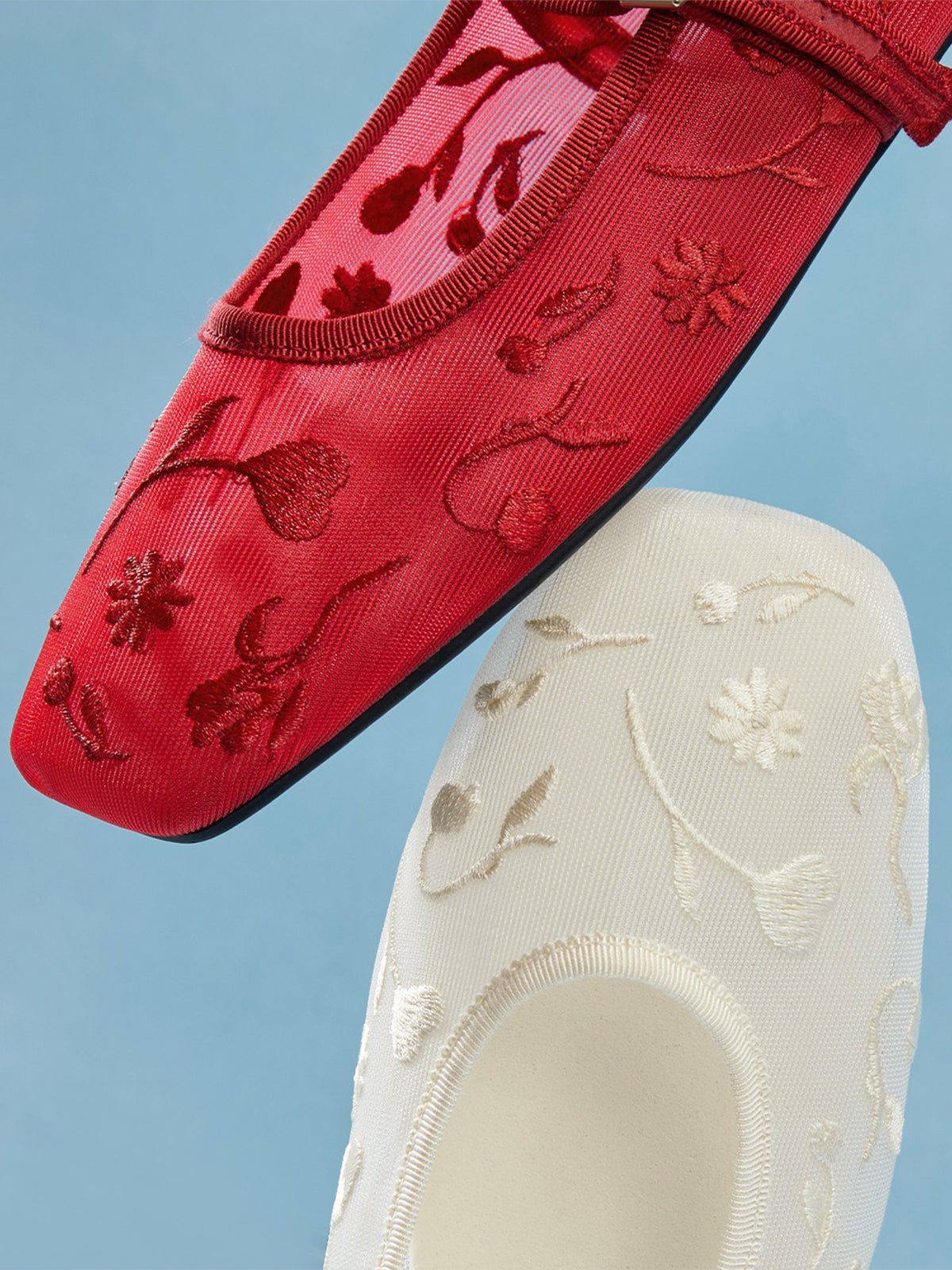 Mesh And Satin Square-Toe Floral Embroidery Mary Jane Flats - Red