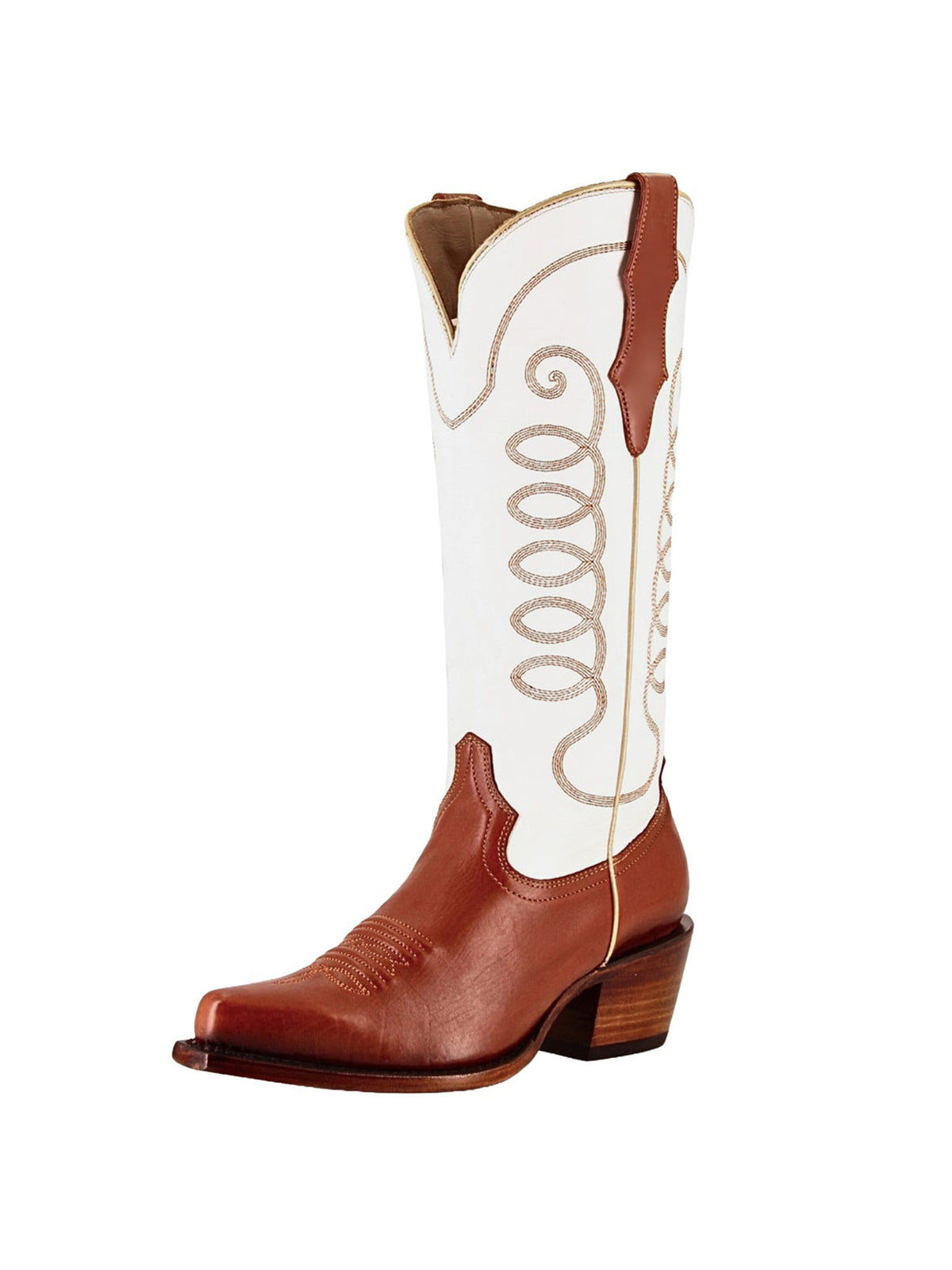 Contrast White And Caramel Snip-Toe Simple Embroidery Classic Mid Calf Cowgirl Boots