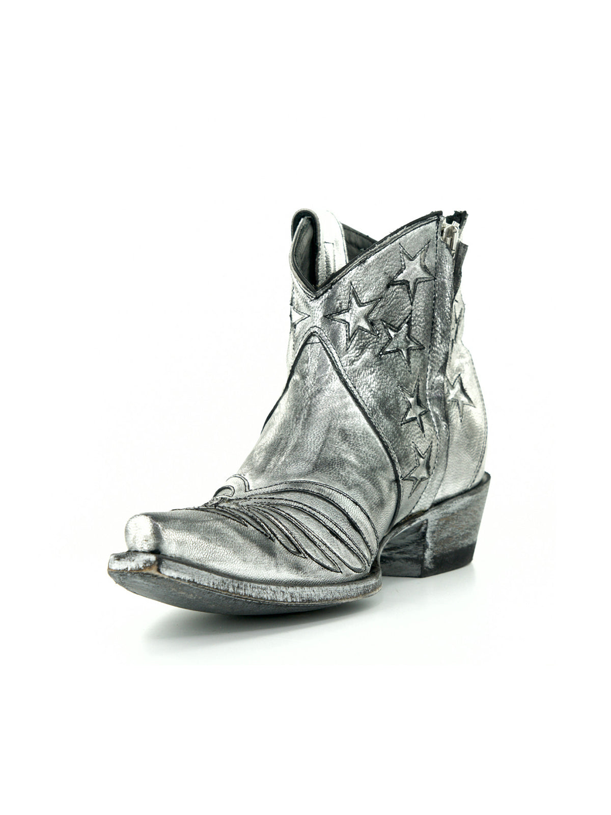 Metallic Silver Snip-Toe Stars Inlay Full-Zip Ankle Cowgirl Boots