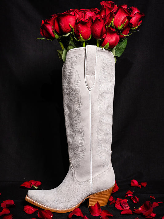 Embroidery Half-Zip Tall Knee High Faux Suede Snip-Toe Cowgirl Boots - Beige