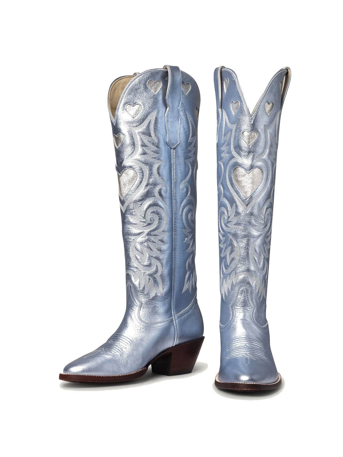 Metallic Blue Round-Toe Chic Hearts Inlay Wide Calf Knee High Cowgirl Boots