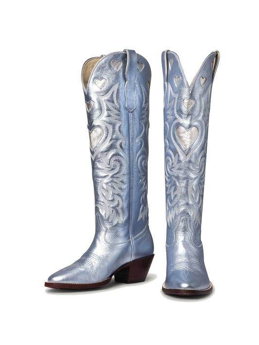 Metallic Blue Round-Toe Chic Hearts Inlay Wide Calf Knee High Cowgirl Boots