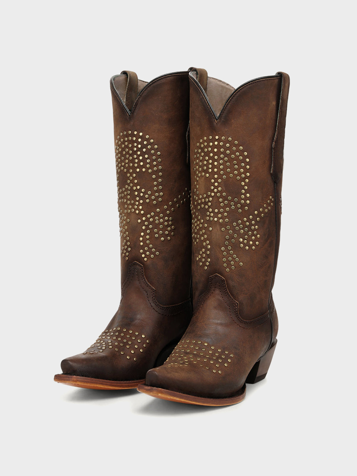 Brown Snip-Toe Skull Design With Studs Mid Calf Cowgirl Boots