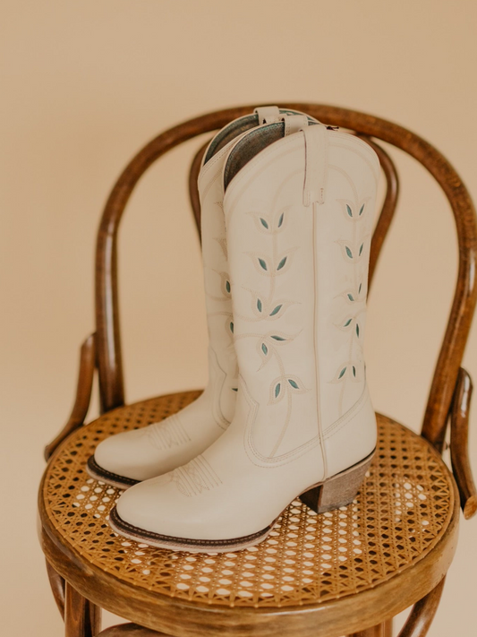 Cream Floral Embroidery Almond-Toe Wide Mid Calf Cowgirl Tall Boots