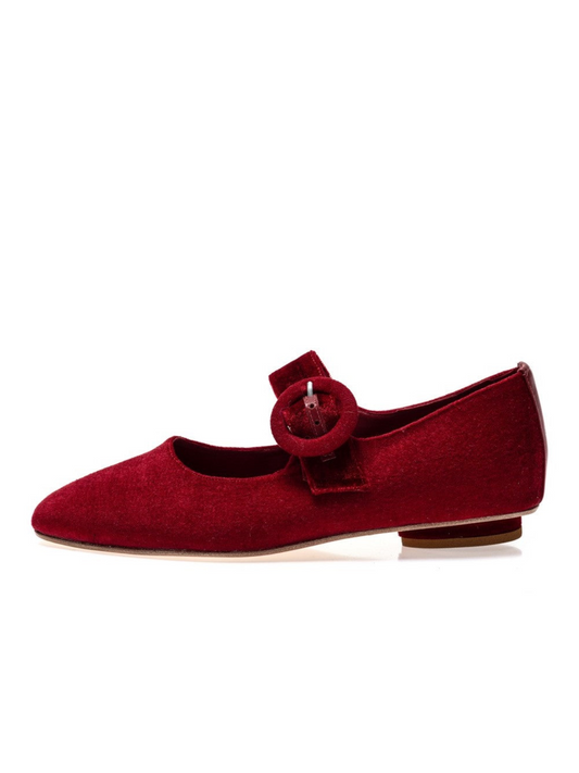 Red Velvet Elongated Ballet Flats Mary Janes With Oversized Buckle