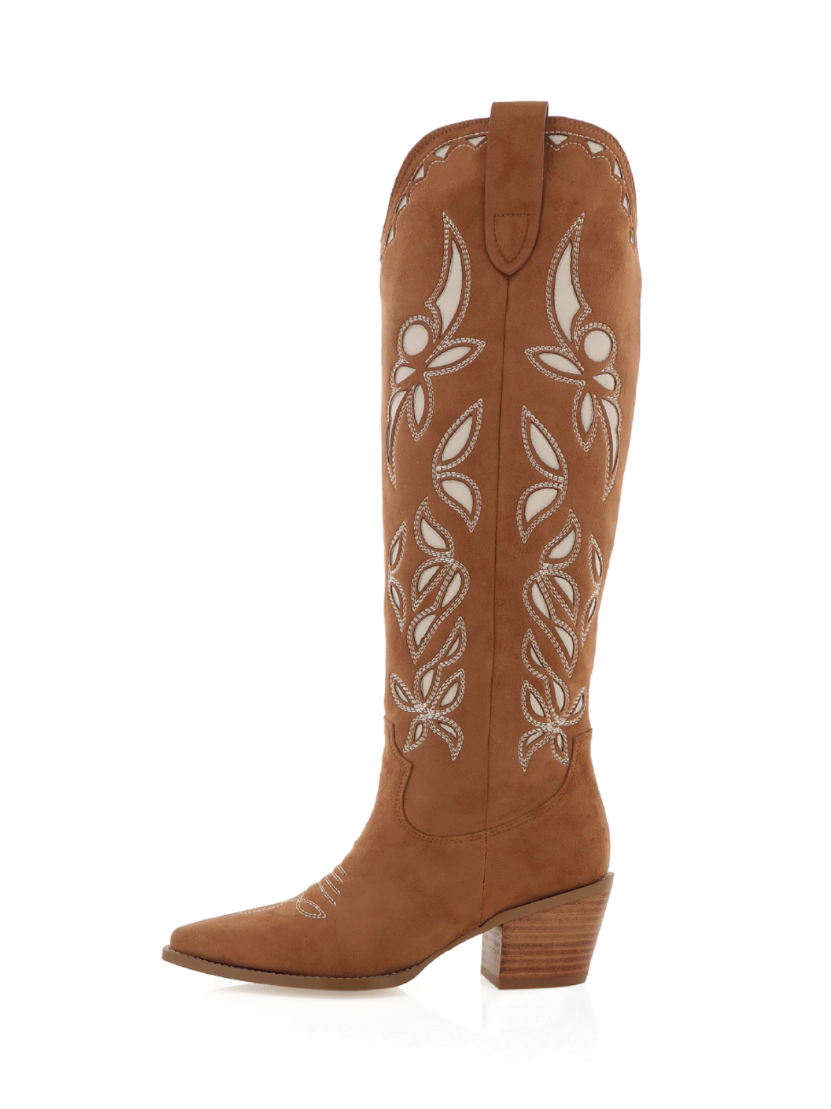 Dark Tan Faux Suede Snip-Toe Embroidery And Inlay Wide Calf Tall Knee High Cowgirl Boots