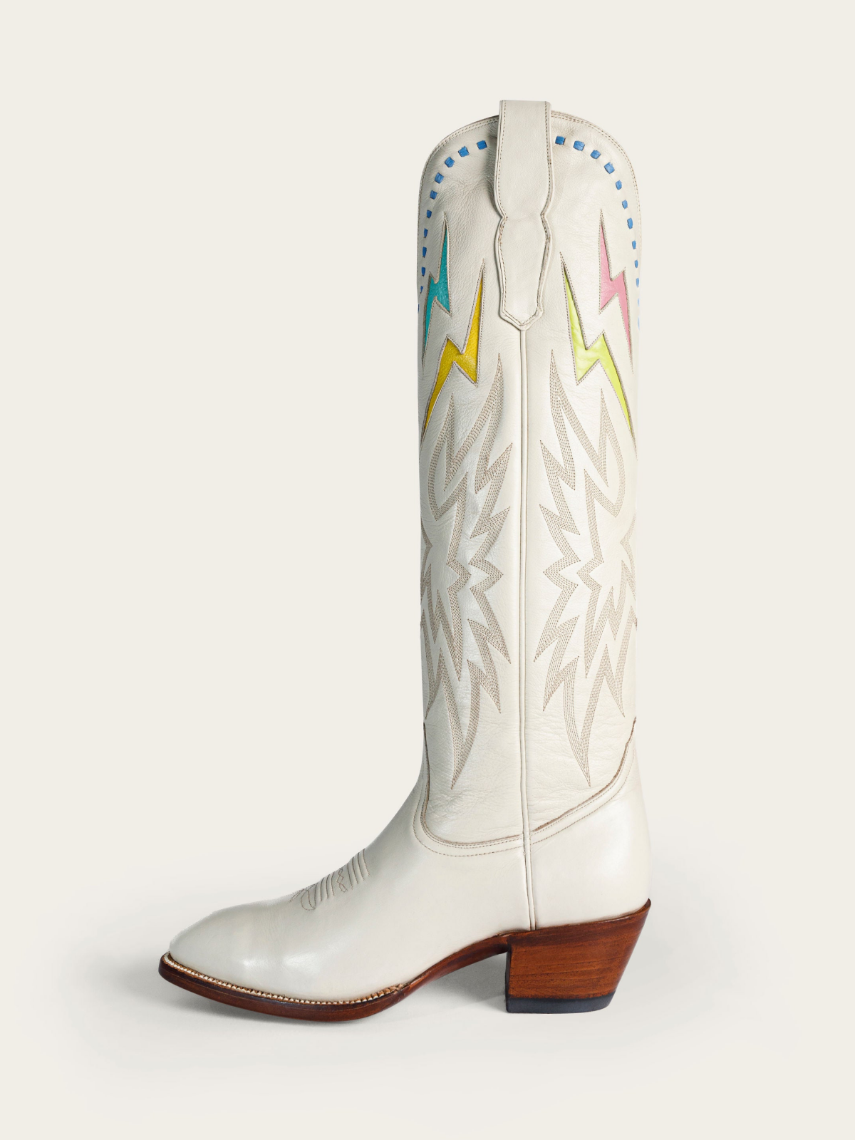 Rainbow Lightning Inlay Stitch Embroidery Almond-Toe Wide Mid Calf Cowgirl Boots - Ivory