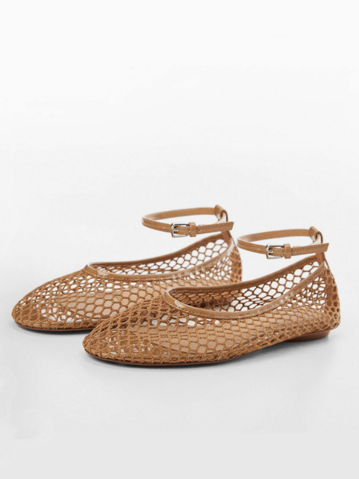 Cinnamon Fishnet Mesh Ballet Flats With Buckled Ankle Bracelet