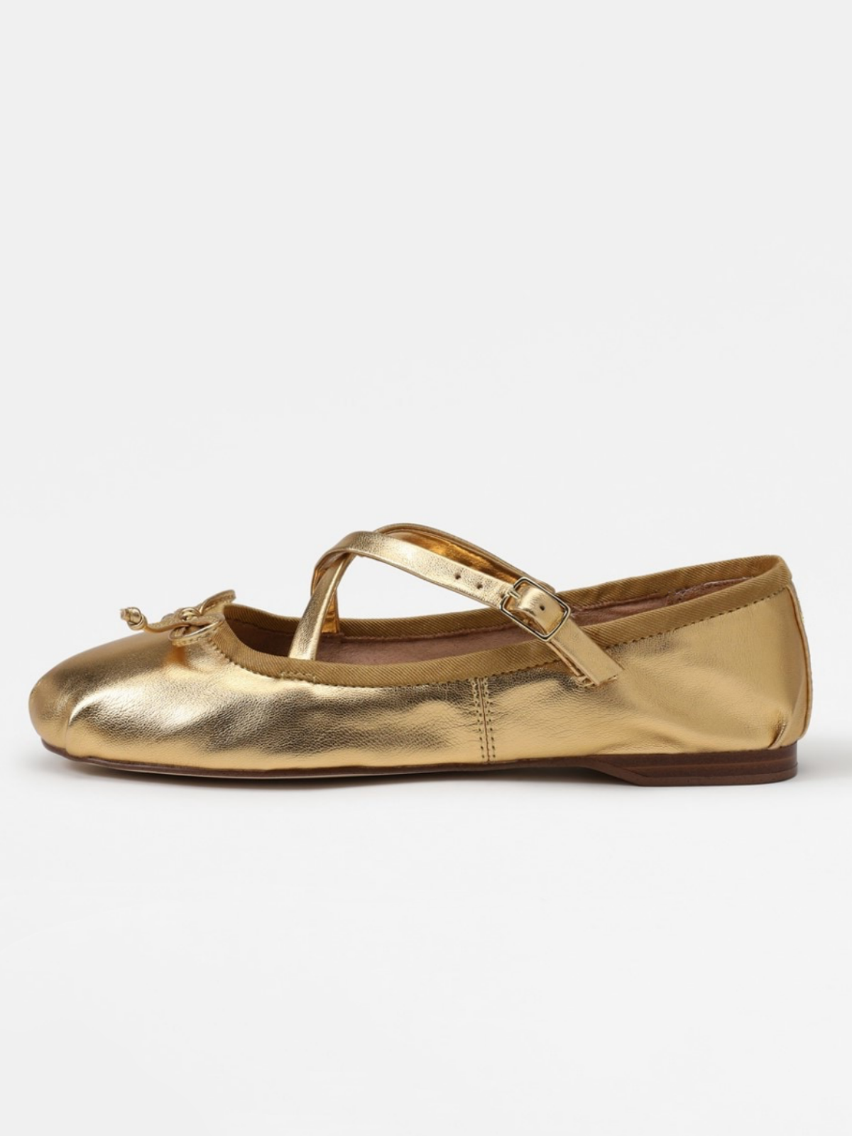 Metallic Gold Bow Ballerina Flats With Crossed Buckled Strap