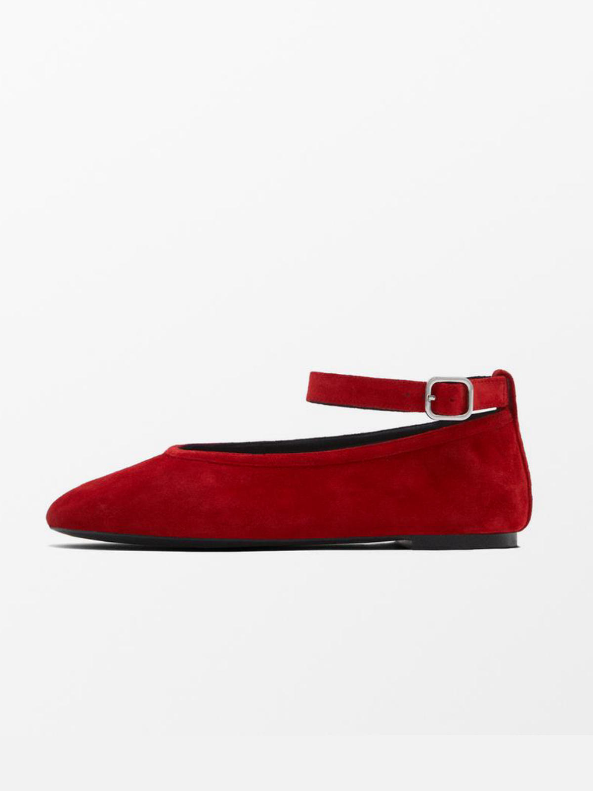 Red Faux Suede Round-Toe Ballet Flats With Ankle Strap