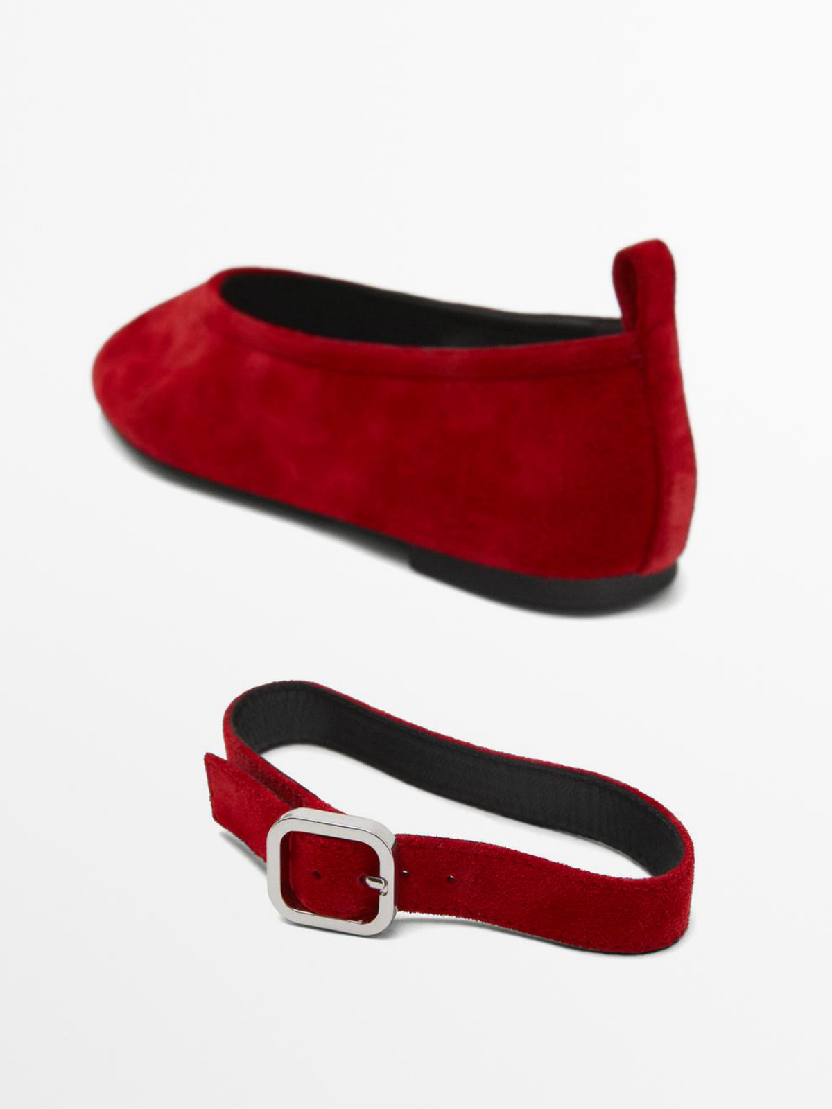 Red Faux Suede Round-Toe Ballet Flats With Ankle Strap