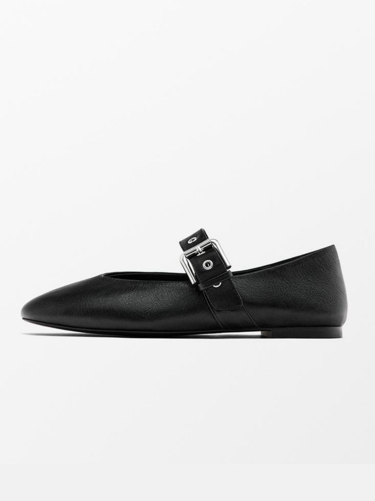 Black Square-Toe Bridge Strap Side Buckle Mary Janes Ballet Flats