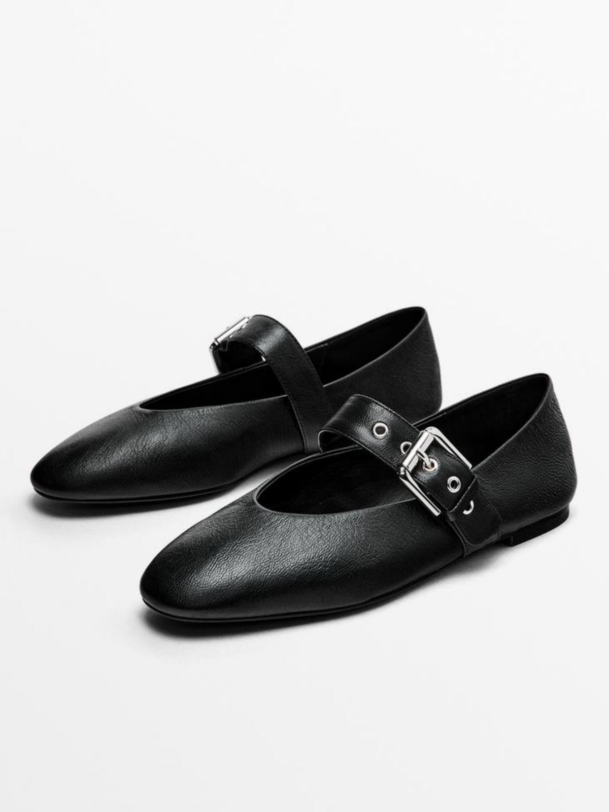 Black Square-Toe Bridge Strap Side Buckle Mary Janes Ballet Flats