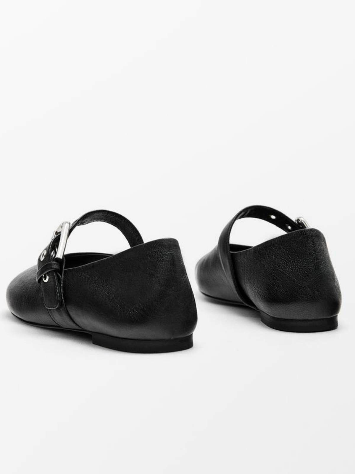 Black Square-Toe Bridge Strap Side Buckle Mary Janes Ballet Flats