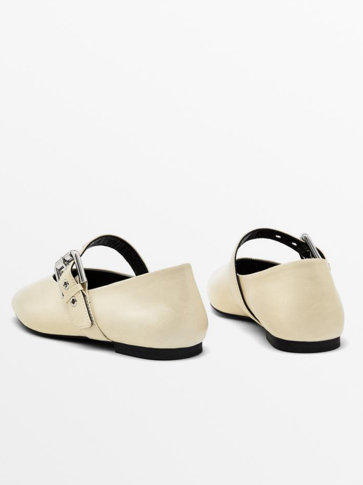 Cream Square-Toe Bridge Strap Side Buckle Mary Janes Ballet Flats