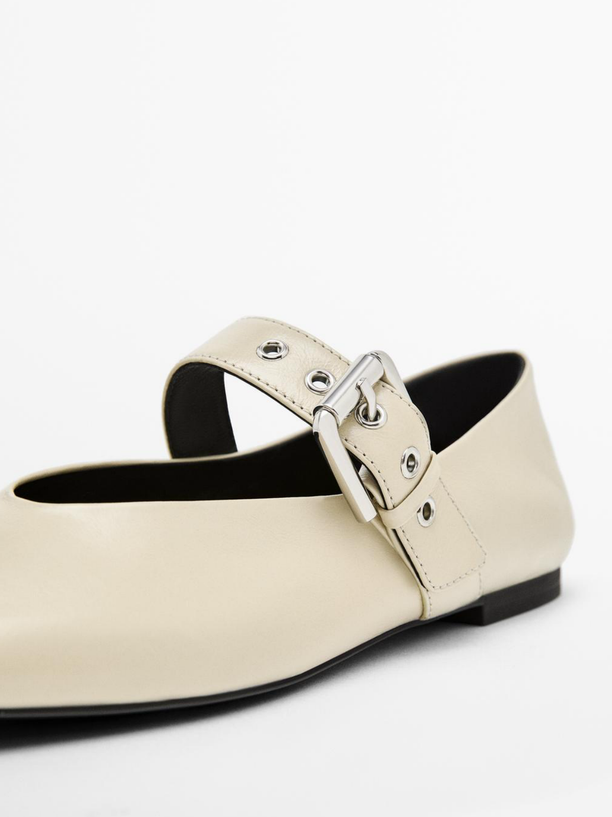 Cream Square-Toe Bridge Strap Side Buckle Mary Janes Ballet Flats