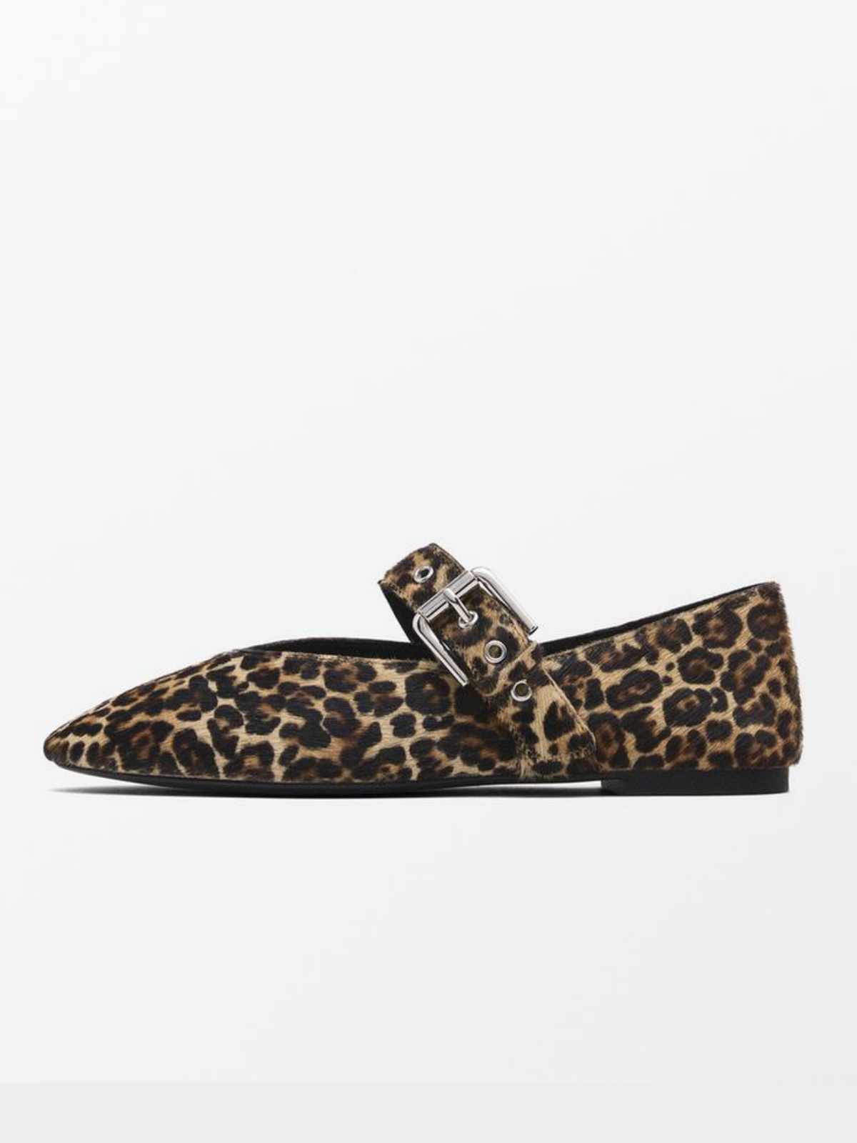 Leopard Faux Fur Square-Toe Bridge Strap Side Buckle Mary Janes Ballet Flats