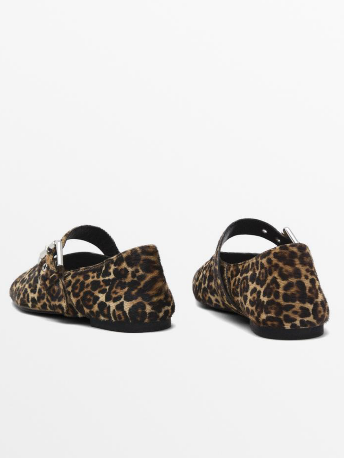 Leopard Faux Fur Square-Toe Bridge Strap Side Buckle Mary Janes Ballet Flats