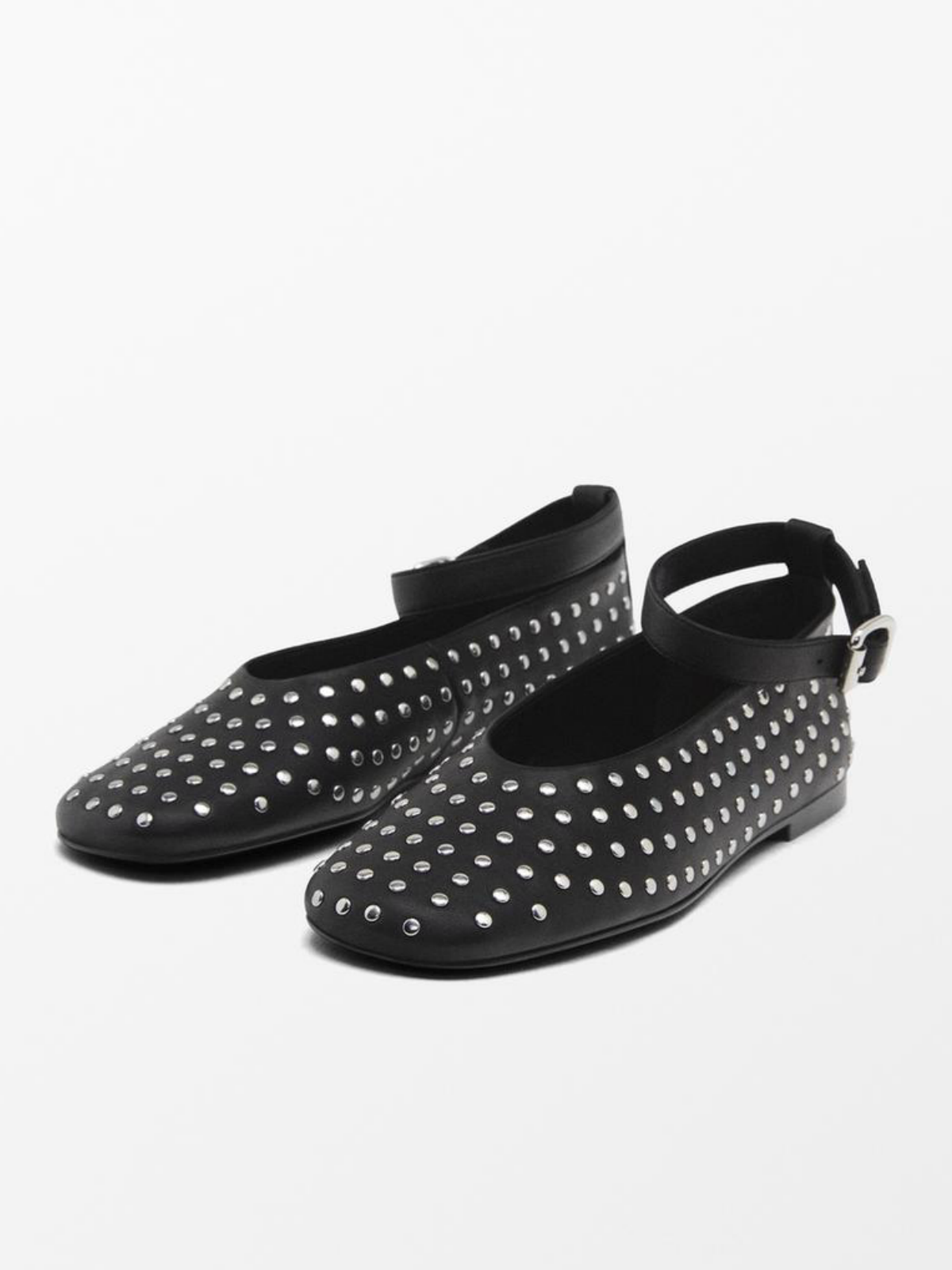 Black Square-Toe Studded Ballet Flats With Ankle Strap